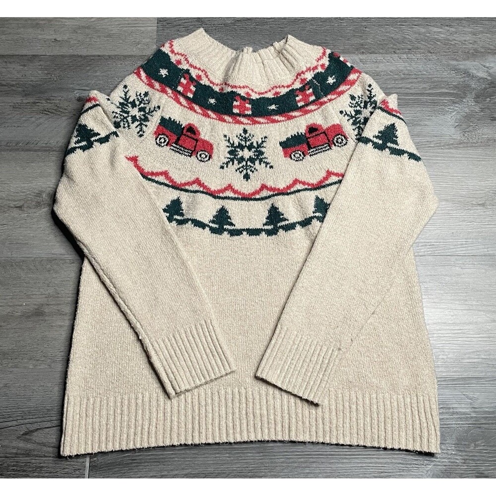 Maurices Sweater Women’s Beige Red Truck Christmas Holiday Fair Isle Knit US M